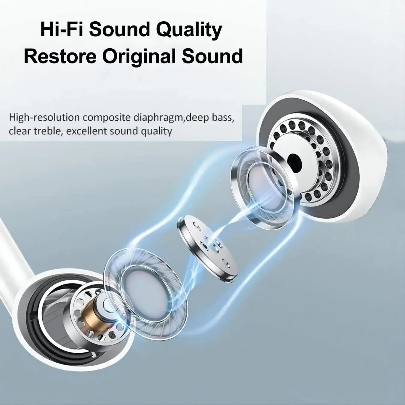 Diagram of earbud components with text highlighting Hi-Fi sound quality and restoration capabilities.