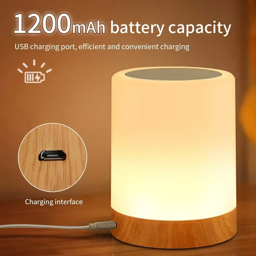 Table lamp with USB charging port and 1200mAh battery capacity on a brown background
