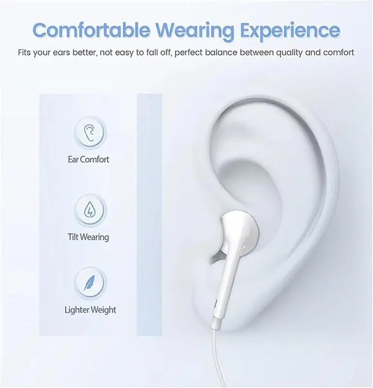 White earbud with text on comfort and features on a light gray background