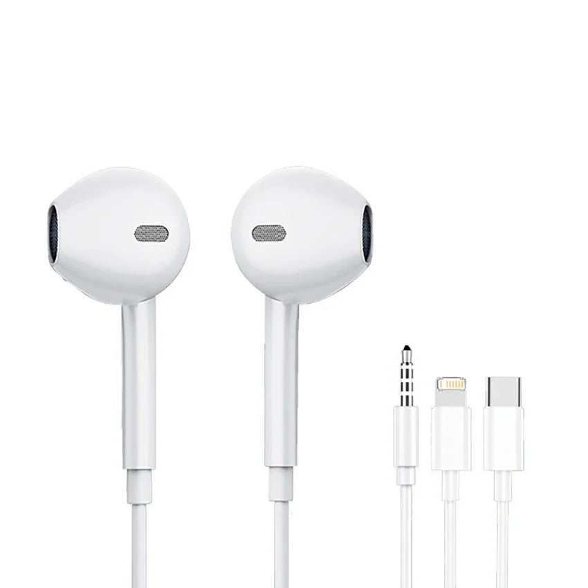 White earphones with multiple connection plugs on a white background