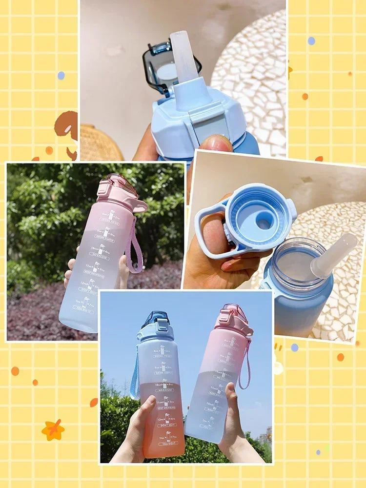 750ml-900ml Sports Water Bottle with Straw – High-Temperature Resistant Plastic Cup with Gradient Rainbow Frosted Design – Leakproof, BPA-Free, Graduated Markings for Gym & Outdoor