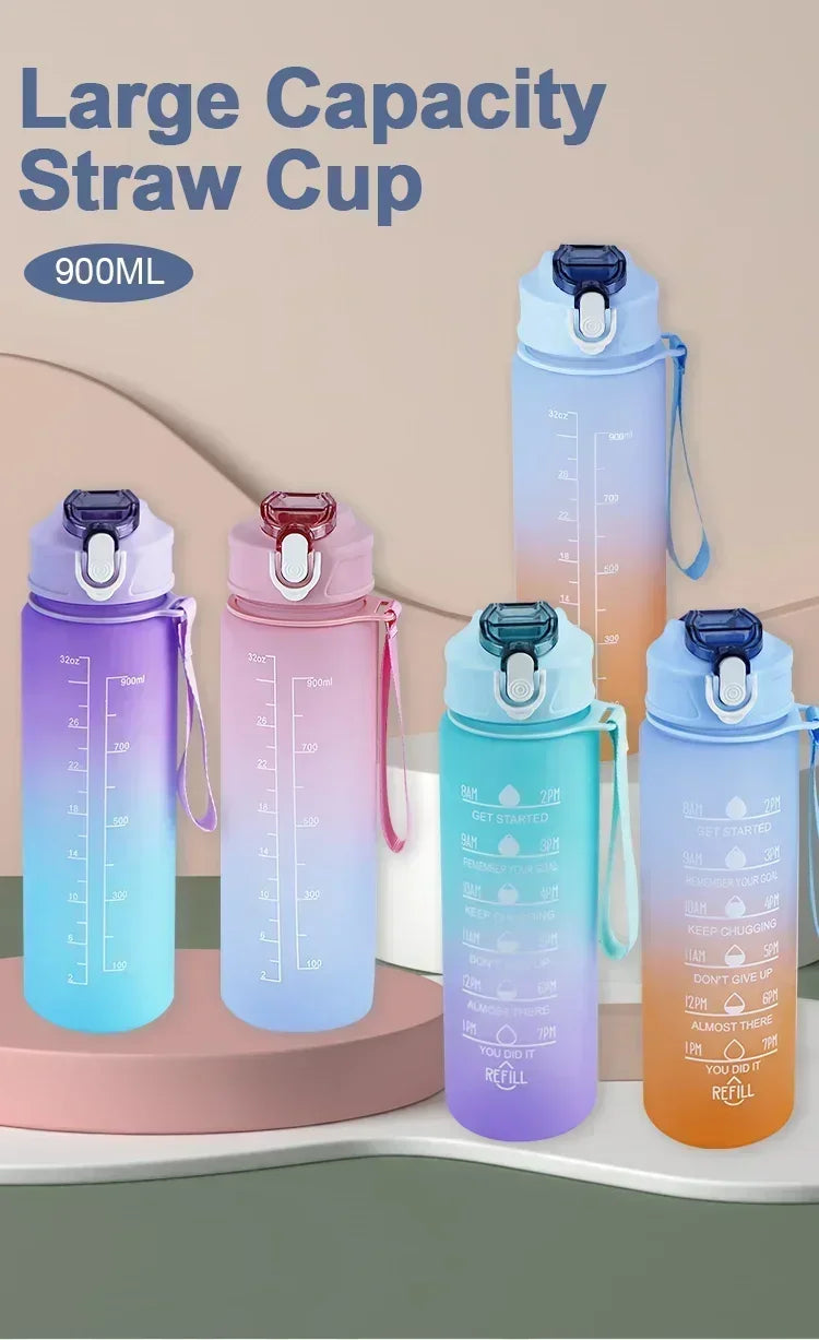 750ml-900ml Sports Water Bottle with Straw – High-Temperature Resistant Plastic Cup with Gradient Rainbow Frosted Design – Leakproof, BPA-Free, Graduated Markings for Gym & Outdoor