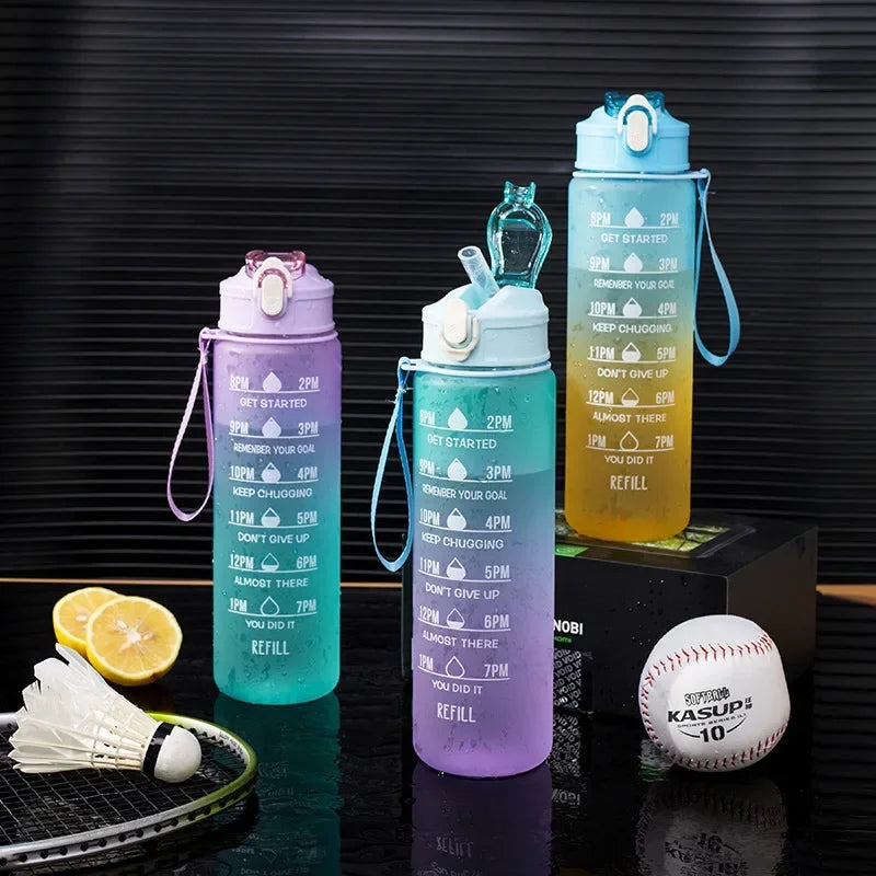 750ml-900ml Sports Water Bottle with Straw – High-Temperature Resistant Plastic Cup with Gradient Rainbow Frosted Design – Leakproof, BPA-Free, Graduated Markings for Gym & Outdoor