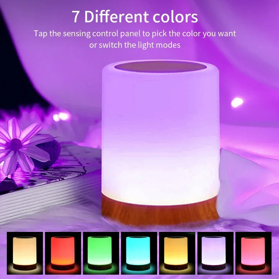 Color-changing lamp with 7 different color options displayed below it.