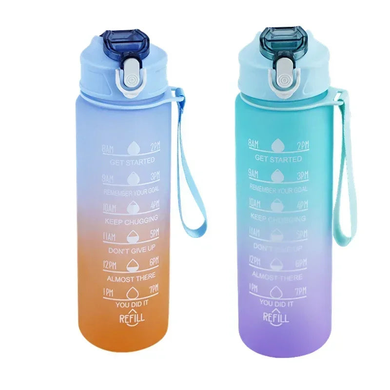 750ml-900ml Sports Water Bottle with Straw – High-Temperature Resistant Plastic Cup with Gradient Rainbow Frosted Design – Leakproof, BPA-Free, Graduated Markings for Gym & Outdoor