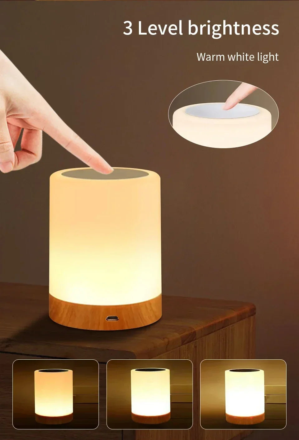 Touch-sensitive night light with 3-level brightness on a wooden surface.