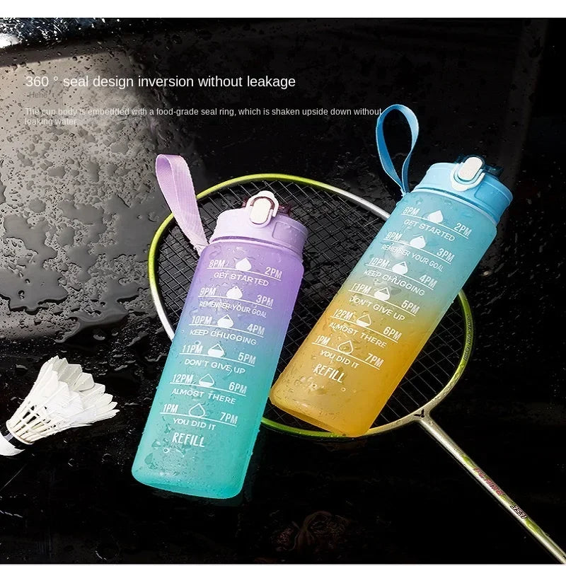 750ml-900ml Sports Water Bottle with Straw – High-Temperature Resistant Plastic Cup with Gradient Rainbow Frosted Design – Leakproof, BPA-Free, Graduated Markings for Gym & Outdoor